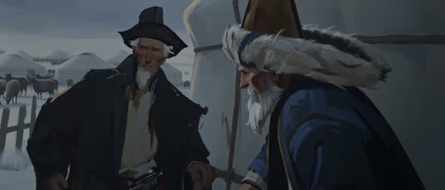 Style: STOP-MOTION ANIMATION — stepped frame-by-frame, a HAND-PAINTED 2D moving oil painting, NOT clay, NOT puppets, NOT 3D. True 12fps, ANIMATED ON TWOS: each pose held two frames then snapping, never gliding. Constant painterly BOIL. NO smooth interpolation, NO motion blur, NO morphing, NO liquid or melting surfaces — surfaces stay solid, motion is the redrawing of strokes, not AI slop. Style from <<<image_1>>> — match its rendering, texture, palette and mood exactly. AKSAKAL (the elder) from 