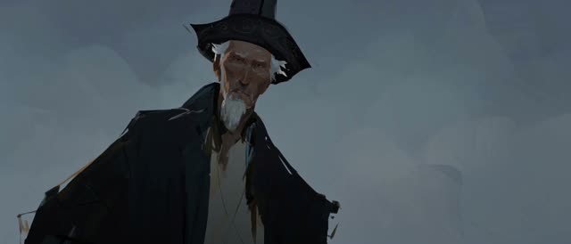 Style: STOP-MOTION ANIMATION — stepped frame-by-frame, a HAND-PAINTED 2D moving oil painting, NOT clay, NOT puppets, NOT 3D. True 12fps, ANIMATED ON TWOS: each pose held two frames then snapping, never gliding. Constant painterly BOIL. NO smooth interpolation, NO motion blur, NO morphing, NO liquid or melting surfaces — surfaces stay solid, motion is the redrawing of strokes, not AI slop. Style from <<<image_1>>> — match its rendering, texture, palette and mood exactly. AKSAKAL (the elder) from 
