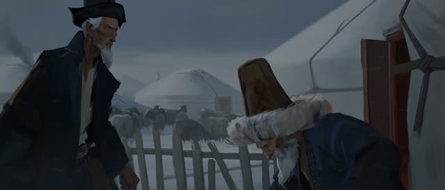 Style: STOP-MOTION ANIMATION — stepped frame-by-frame, a HAND-PAINTED 2D moving oil painting, NOT clay, NOT puppets, NOT 3D. True 12fps, ANIMATED ON TWOS: each pose held two frames then snapping, never gliding. Constant painterly BOIL. NO smooth interpolation, NO motion blur, NO morphing, NO liquid or melting surfaces — surfaces stay solid, motion is the redrawing of strokes, not AI slop. Style from <<<image_1>>> — match its rendering, texture, palette and mood exactly. AKSAKAL (the elder) from 