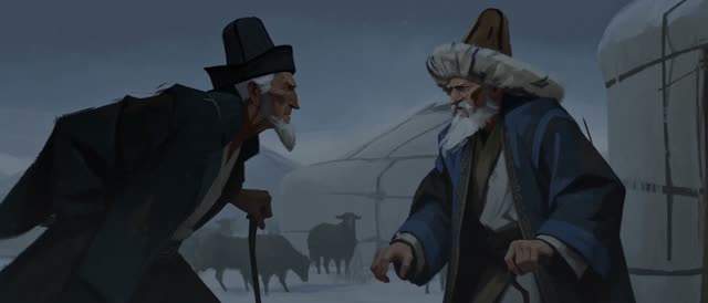 Style: STOP-MOTION ANIMATION — stepped frame-by-frame, a HAND-PAINTED 2D moving oil painting, NOT clay, NOT puppets, NOT 3D. True 12fps, ANIMATED ON TWOS: each pose held two frames then snapping, never gliding. Constant painterly BOIL. NO smooth interpolation, NO motion blur, NO morphing, NO liquid or melting surfaces — surfaces stay solid, motion is the redrawing of strokes, not AI slop. Style from <<<image_1>>> — match its rendering, texture, palette and mood exactly. AKSAKAL (the elder) from 