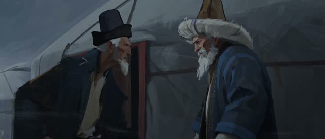 Style: STOP-MOTION ANIMATION — stepped frame-by-frame, a HAND-PAINTED 2D moving oil painting, NOT clay, NOT puppets, NOT 3D. True 12fps, ANIMATED ON TWOS: each pose held two frames then snapping, never gliding. Constant painterly BOIL. NO smooth interpolation, NO motion blur, NO morphing, NO liquid or melting surfaces — surfaces stay solid, motion is the redrawing of strokes, not AI slop. Style from <<<image_1>>> — match its rendering, texture, palette and mood exactly. AKSAKAL (the elder) from 