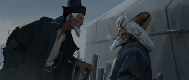 Style: STOP-MOTION ANIMATION — stepped frame-by-frame, a HAND-PAINTED 2D moving oil painting, NOT clay, NOT puppets, NOT 3D. True 12fps, ANIMATED ON TWOS: each pose held two frames then snapping, never gliding. Constant painterly BOIL. NO smooth interpolation, NO motion blur, NO morphing, NO liquid or melting surfaces — surfaces stay solid, motion is the redrawing of strokes, not AI slop. Style from <<<image_1>>> — match its rendering, texture, palette and mood exactly. AKSAKAL (the elder) from 
