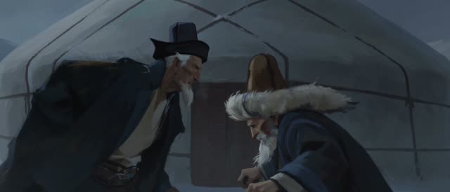 Style: STOP-MOTION ANIMATION — stepped frame-by-frame, a HAND-PAINTED 2D moving oil painting, NOT clay, NOT puppets, NOT 3D. True 12fps, ANIMATED ON TWOS: each pose held two frames then snapping, never gliding. Constant painterly BOIL. NO smooth interpolation, NO motion blur, NO morphing, NO liquid or melting surfaces — surfaces stay solid, motion is the redrawing of strokes, not AI slop. Style from <<<image_1>>> — match its rendering, texture, palette and mood exactly. AKSAKAL (the elder) from 