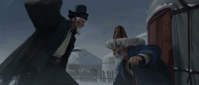Style: STOP-MOTION ANIMATION — stepped frame-by-frame, a HAND-PAINTED 2D moving oil painting, NOT clay, NOT puppets, NOT 3D. True 12fps, ANIMATED ON TWOS: each pose held two frames then snapping, never gliding. Constant painterly BOIL. NO smooth interpolation, NO motion blur, NO morphing, NO liquid or melting surfaces — surfaces stay solid, motion is the redrawing of strokes, not AI slop. Style from <<<image_1>>> — match its rendering, texture, palette and mood exactly. AKSAKAL (the elder) from 