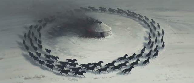 Style: STOP-MOTION ANIMATION — stepped, frame-by-frame motion brought to a HAND-PAINTED 2D. True 12 frames per second, ANIMATED ON TWOS: 12 distinct hand-painted drawings per second, each pose held two frames then snapping to the next, never gliding. Constant painterly BOIL — brushstrokes and outlines subtly alive frame to frame. NO smooth interpolation, NO motion blur, NO morphing. STRICTLY NO SMOOTH MOTION ON THE HORSES — every leg, every mane strand, every tail snaps between held drawings at 