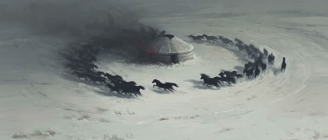 Style: STOP-MOTION ANIMATION — stepped, frame-by-frame motion brought to a HAND-PAINTED 2D. True 12 frames per second, ANIMATED ON TWOS: 12 distinct hand-painted drawings per second, each pose held two frames then snapping to the next, never gliding. Constant painterly BOIL — brushstrokes and outlines subtly alive frame to frame. NO smooth interpolation, NO motion blur, NO morphing. STRICTLY NO SMOOTH MOTION ON THE HORSES — every leg, every mane strand, every tail snaps between held drawings at 