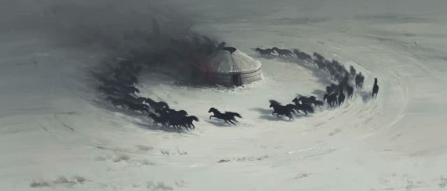 Style: STOP-MOTION ANIMATION — stepped, frame-by-frame motion brought to a HAND-PAINTED 2D. True 12 frames per second, ANIMATED ON TWOS: 12 distinct hand-painted drawings per second, each pose held two frames then snapping to the next, never gliding. Constant painterly BOIL — brushstrokes and outlines subtly alive frame to frame. NO smooth interpolation, NO motion blur, NO morphing. STRICTLY NO SMOOTH MOTION ON THE HORSES — every leg, every mane strand, every tail snaps between held drawings at 