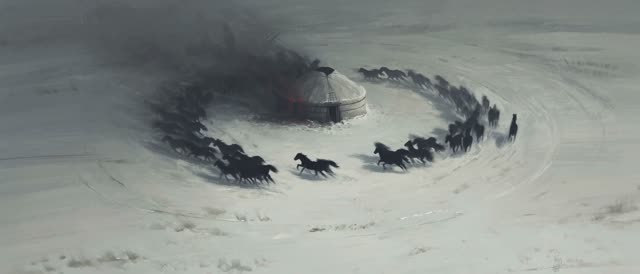 Style: STOP-MOTION ANIMATION — stepped, frame-by-frame motion brought to a HAND-PAINTED 2D. True 12 frames per second, ANIMATED ON TWOS: 12 distinct hand-painted drawings per second, each pose held two frames then snapping to the next, never gliding. Constant painterly BOIL — brushstrokes and outlines subtly alive frame to frame. NO smooth interpolation, NO motion blur, NO morphing. STRICTLY NO SMOOTH MOTION ON THE HORSES — every leg, every mane strand, every tail snaps between held drawings at 