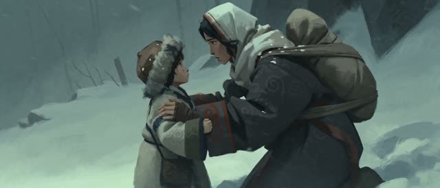 Style: STOP-MOTION ANIMATION — stepped, frame-by-frame motion brought to a HAND-PAINTED 2D look, a moving oil painting, NOT clay, NOT puppets, NOT 3D. True 12 frames per second, ANIMATED ON TWOS: 12 distinct hand-painted drawings per second, each pose held two frames then snapping to the next, never gliding. Constant painterly BOIL — brushstrokes and outlines subtly alive frame to frame. NO smooth interpolation, NO motion blur, NO morphing, real frame-by-frame animation not AI slop. Style from <