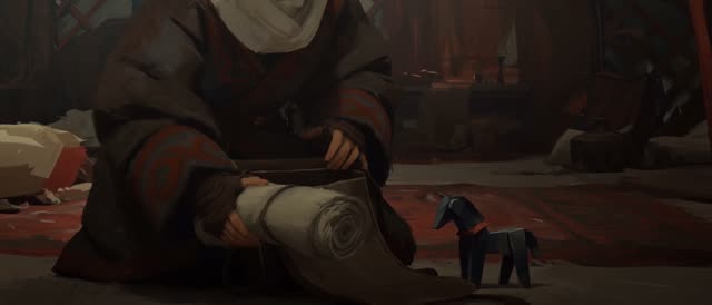Style: STOP-MOTION ANIMATION — stepped, frame-by-frame motion brought to a HAND-PAINTED 2D look, a moving oil painting, NOT clay, NOT puppets, NOT 3D. True 12fps, ANIMATED ON TWOS: 12 distinct hand-painted drawings per second, each pose held two frames then snapping to the next, never gliding. Constant painterly BOIL. NO smooth interpolation, NO motion blur, NO morphing, real frame-by-frame animation not AI slop. Style from <<<image_1>>>, ANA from <<<image_2>>>, the yurt interior from <<<image_3