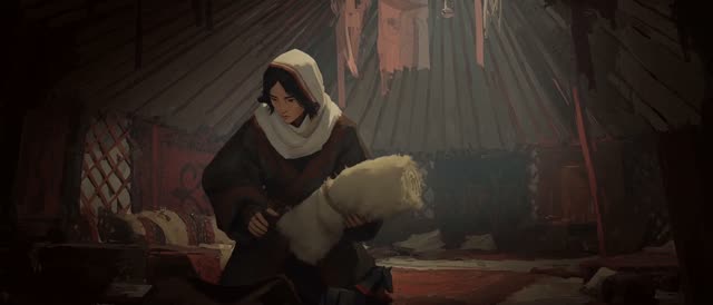 Style: STOP-MOTION ANIMATION — stepped, frame-by-frame motion brought to a HAND-PAINTED 2D look, a moving oil painting, NOT clay, NOT puppets, NOT 3D. True 12fps, ANIMATED ON TWOS: 12 distinct hand-painted drawings per second, each pose held two frames then snapping to the next, never gliding. Constant painterly BOIL. NO smooth interpolation, NO motion blur, NO morphing, real frame-by-frame animation not AI slop. Style from <<<image_1>>>, ANA from <<<image_2>>>, the yurt interior from <<<image_3