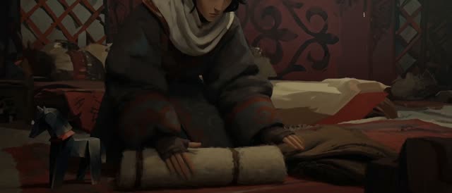 Style: STOP-MOTION ANIMATION — stepped, frame-by-frame motion brought to a HAND-PAINTED 2D look, a moving oil painting, NOT clay, NOT puppets, NOT 3D. True 12fps, ANIMATED ON TWOS: 12 distinct hand-painted drawings per second, each pose held two frames then snapping to the next, never gliding. Constant painterly BOIL. NO smooth interpolation, NO motion blur, NO morphing, real frame-by-frame animation not AI slop. Style from <<<image_1>>>, ANA from <<<image_2>>>, the yurt interior from <<<image_3