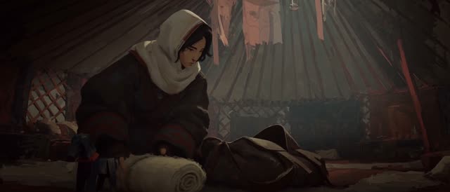 Style: STOP-MOTION ANIMATION — stepped, frame-by-frame motion brought to a HAND-PAINTED 2D look, a moving oil painting, NOT clay, NOT puppets, NOT 3D. True 12fps, ANIMATED ON TWOS: 12 distinct hand-painted drawings per second, each pose held two frames then snapping to the next, never gliding. Constant painterly BOIL. NO smooth interpolation, NO motion blur, NO morphing, real frame-by-frame animation not AI slop. Style from <<<image_1>>>, ANA from <<<image_2>>>, the yurt interior from <<<image_3