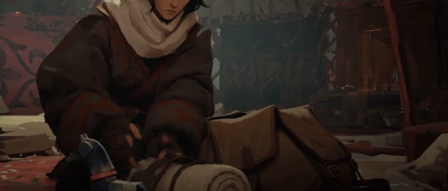 Style: STOP-MOTION ANIMATION — stepped, frame-by-frame motion brought to a HAND-PAINTED 2D look, a moving oil painting, NOT clay, NOT puppets, NOT 3D. True 12fps, ANIMATED ON TWOS: 12 distinct hand-painted drawings per second, each pose held two frames then snapping to the next, never gliding. Constant painterly BOIL. NO smooth interpolation, NO motion blur, NO morphing, real frame-by-frame animation not AI slop. Style from <<<image_1>>>, ANA from <<<image_2>>>, the yurt interior from <<<image_3