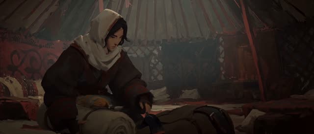 Style: STOP-MOTION ANIMATION — stepped, frame-by-frame motion brought to a HAND-PAINTED 2D look, a moving oil painting, NOT clay, NOT puppets, NOT 3D. True 12fps, ANIMATED ON TWOS: 12 distinct hand-painted drawings per second, each pose held two frames then snapping to the next, never gliding. Constant painterly BOIL. NO smooth interpolation, NO motion blur, NO morphing, real frame-by-frame animation not AI slop. Style from <<<image_1>>>, ANA from <<<image_2>>>, the yurt interior from <<<image_3