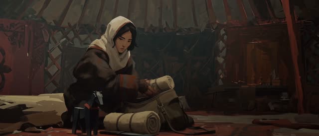 Style: STOP-MOTION ANIMATION — stepped, frame-by-frame motion brought to a HAND-PAINTED 2D look, a moving oil painting, NOT clay, NOT puppets, NOT 3D. True 12fps, ANIMATED ON TWOS: 12 distinct hand-painted drawings per second, each pose held two frames then snapping to the next, never gliding. Constant painterly BOIL. NO smooth interpolation, NO motion blur, NO morphing, real frame-by-frame animation not AI slop. Style from <<<image_1>>>, ANA from <<<image_2>>>, the yurt interior from <<<image_3