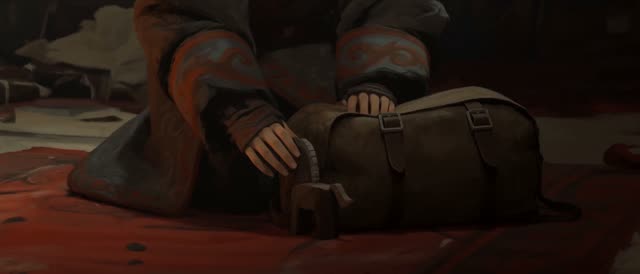 Style: STOP-MOTION ANIMATION — stepped, frame-by-frame motion brought to a HAND-PAINTED 2D look, a moving oil painting, NOT clay, NOT puppets, NOT 3D. True 12fps, ANIMATED ON TWOS: 12 distinct hand-painted drawings per second, each pose held two frames then snapping to the next, never gliding. Constant painterly BOIL. NO smooth interpolation, NO motion blur, NO morphing, real frame-by-frame animation not AI slop. Style from <<<image_1>>>, ANA from <<<image_2>>>, the yurt interior from <<<image_3