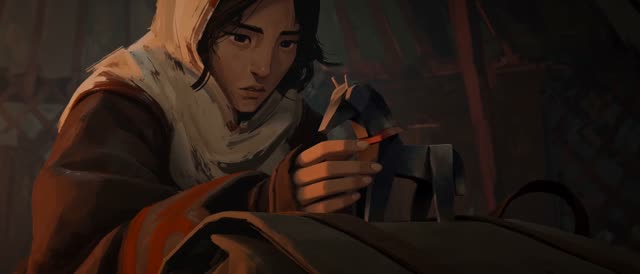 Style: STOP-MOTION ANIMATION — stepped, frame-by-frame motion brought to a HAND-PAINTED 2D look, a moving oil painting, NOT clay, NOT puppets, NOT 3D. True 12fps, ANIMATED ON TWOS: 12 distinct hand-painted drawings per second, each pose held two frames then snapping to the next, never gliding. Constant painterly BOIL. NO smooth interpolation, NO motion blur, NO morphing, real frame-by-frame animation not AI slop. Style from <<<image_1>>>, ANA from <<<image_2>>>, the yurt interior from <<<image_3