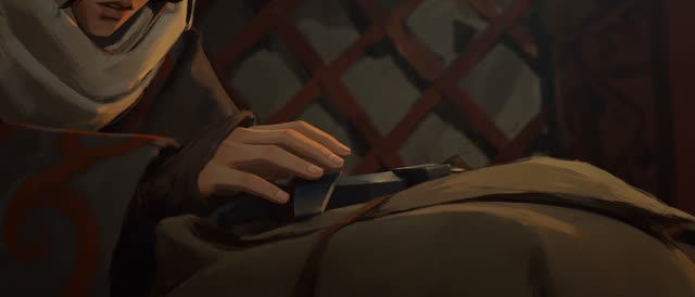 Style: STOP-MOTION ANIMATION — stepped, frame-by-frame motion brought to a HAND-PAINTED 2D look, a moving oil painting, NOT clay, NOT puppets, NOT 3D. True 12fps, ANIMATED ON TWOS: 12 distinct hand-painted drawings per second, each pose held two frames then snapping to the next, never gliding. Constant painterly BOIL. NO smooth interpolation, NO motion blur, NO morphing, real frame-by-frame animation not AI slop. Style from <<<image_1>>>, ANA from <<<image_2>>>, the yurt interior from <<<image_3