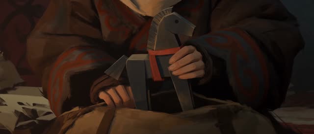 Style: STOP-MOTION ANIMATION — stepped, frame-by-frame motion brought to a HAND-PAINTED 2D look, a moving oil painting, NOT clay, NOT puppets, NOT 3D. True 12fps, ANIMATED ON TWOS: 12 distinct hand-painted drawings per second, each pose held two frames then snapping to the next, never gliding. Constant painterly BOIL. NO smooth interpolation, NO motion blur, NO morphing, real frame-by-frame animation not AI slop. Style from <<<image_1>>>, ANA from <<<image_2>>>, the yurt interior from <<<image_3