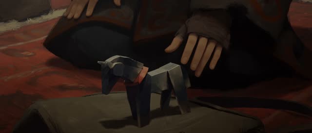 Style: STOP-MOTION ANIMATION — stepped, frame-by-frame motion brought to a HAND-PAINTED 2D look, a moving oil painting, NOT clay, NOT puppets, NOT 3D. True 12fps, ANIMATED ON TWOS: 12 distinct hand-painted drawings per second, each pose held two frames then snapping to the next, never gliding. Constant painterly BOIL. NO smooth interpolation, NO motion blur, NO morphing, real frame-by-frame animation not AI slop. Style from <<<image_1>>>, ANA from <<<image_2>>>, the yurt interior from <<<image_3