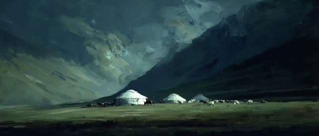 Style and look from the attached reference <<<image_1>>> — match its painting style, texture, palette and mood. Location and scene from <<<image_1>>> — match this exact place: glowing pale felt yurts on the left, a herd strung out to the right, an enormous dark mountain slope looming behind, a brooding stormy sky, a dark moody green-blue palette. 2D animation, a moving image in the style of <<<image_1>>>. NOTE on motion: atmospheric movement (storm clouds, mist, cloud-shadows, smoke, grass) drif