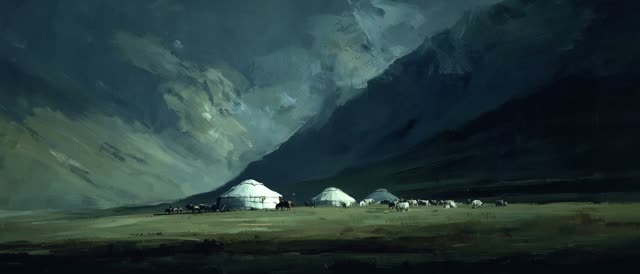 Style and look from the attached reference <<<image_1>>> — match its painting style, texture, palette and mood. Location and scene from <<<image_1>>> — match this exact place: glowing pale felt yurts on the left, a herd strung out to the right, an enormous dark mountain slope looming behind, a brooding stormy sky, a dark moody green-blue palette. 2D animation, a moving image in the style of <<<image_1>>>. NOTE on motion: atmospheric movement (storm clouds, mist, cloud-shadows, smoke, grass) drif
