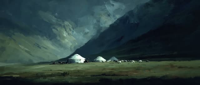 Style and look from the attached reference <<<image_1>>> — match its painting style, texture, palette and mood. Location and scene from <<<image_1>>> — match this exact place: glowing pale felt yurts on the left, a herd strung out to the right, an enormous dark mountain slope looming behind, a brooding stormy sky, a dark moody green-blue palette. 2D animation, a moving image in the style of <<<image_1>>>. NOTE on motion: atmospheric movement (storm clouds, mist, cloud-shadows, smoke, grass) drif
