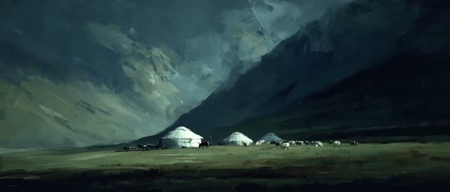 Style and look from the attached reference <<<image_1>>> — match its painting style, texture, palette and mood. Location and scene from <<<image_1>>> — match this exact place: glowing pale felt yurts on the left, a herd strung out to the right, an enormous dark mountain slope looming behind, a brooding stormy sky, a dark moody green-blue palette. 2D animation, a moving image in the style of <<<image_1>>>. NOTE on motion: atmospheric movement (storm clouds, mist, cloud-shadows, smoke, grass) drif