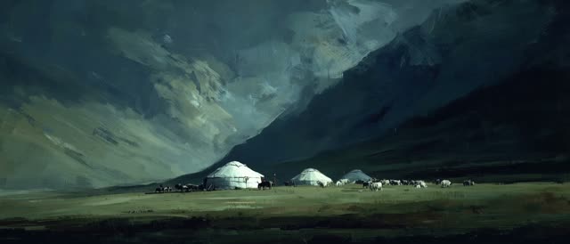 Style and look from the attached reference <<<image_1>>> — match its painting style, texture, palette and mood. Location and scene from <<<image_1>>> — match this exact place: glowing pale felt yurts on the left, a herd strung out to the right, an enormous dark mountain slope looming behind, a brooding stormy sky, a dark moody green-blue palette. 2D animation, a moving image in the style of <<<image_1>>>. NOTE on motion: atmospheric movement (storm clouds, mist, cloud-shadows, smoke, grass) drif
