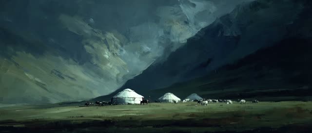 Style and look from the attached reference <<<image_1>>> — match its painting style, texture, palette and mood. Location and scene from <<<image_1>>> — match this exact place: glowing pale felt yurts on the left, a herd strung out to the right, an enormous dark mountain slope looming behind, a brooding stormy sky, a dark moody green-blue palette. 2D animation, a moving image in the style of <<<image_1>>>. NOTE on motion: atmospheric movement (storm clouds, mist, cloud-shadows, smoke, grass) drif